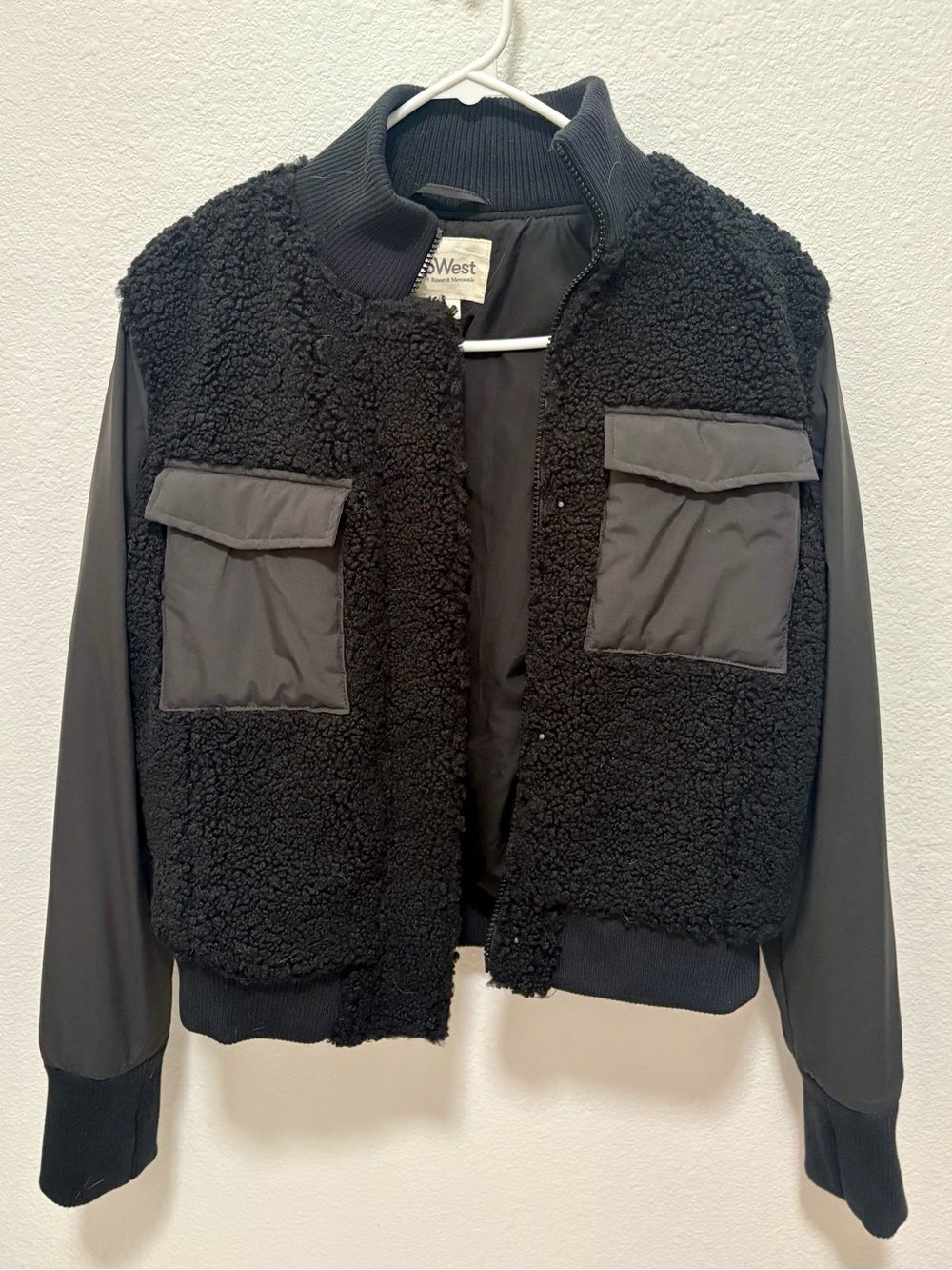 UpWest Black Sherpa Bomber Jacket with Nylon Sleeve Panels